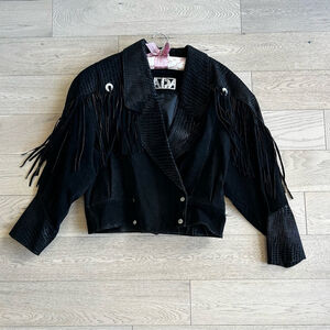 Ada Women’s Black Leather Fringe Jacket Cropped Style size S